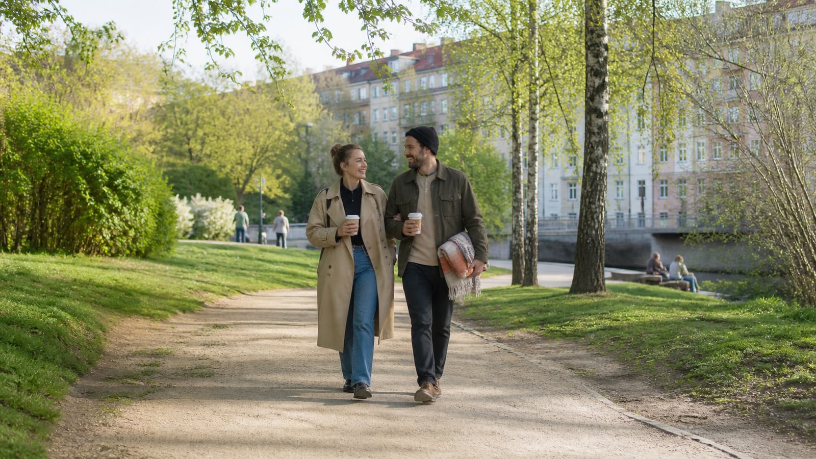 Paar wandert entspannt mit Kaffee und Picknickdecke durch einen ruhigen Park