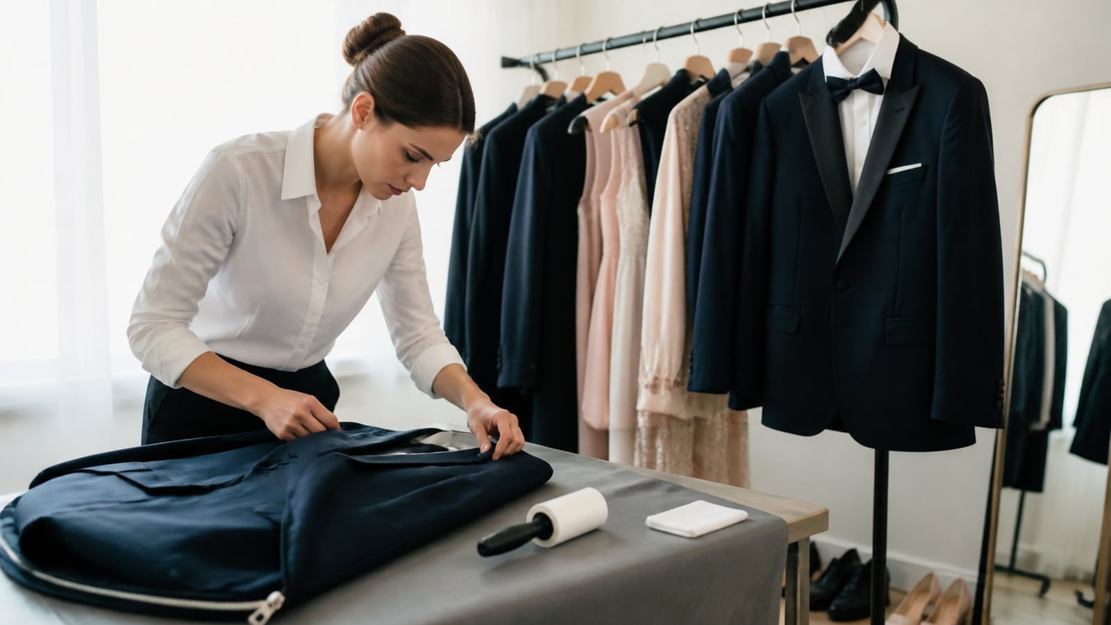 Elegantes Mietoutfit mit Kleiderhülle und Utensilien zur Fleckenpflege