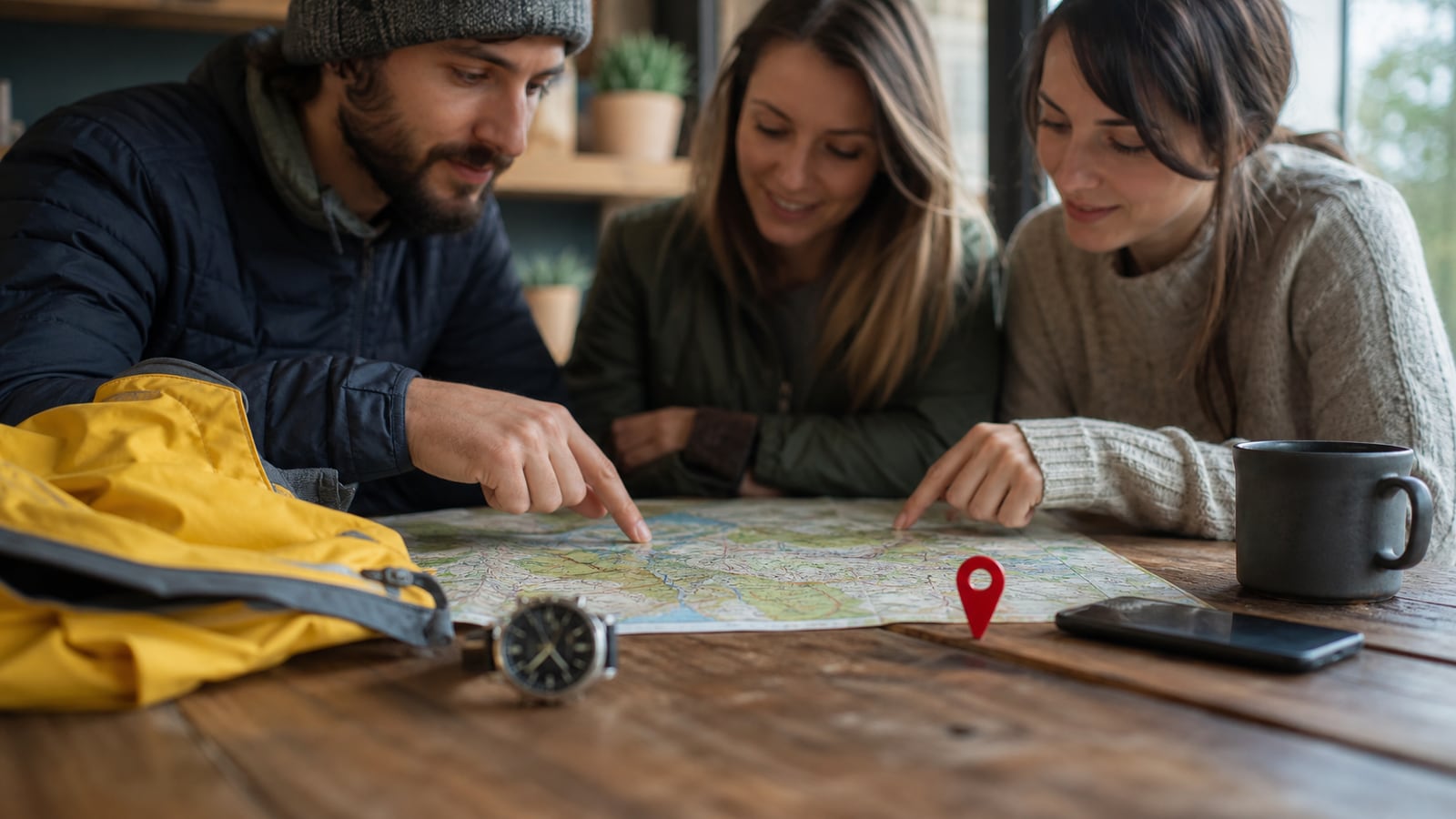 Freunde planen gemeinsam einen Tagesausflug rund um eine Landkarte