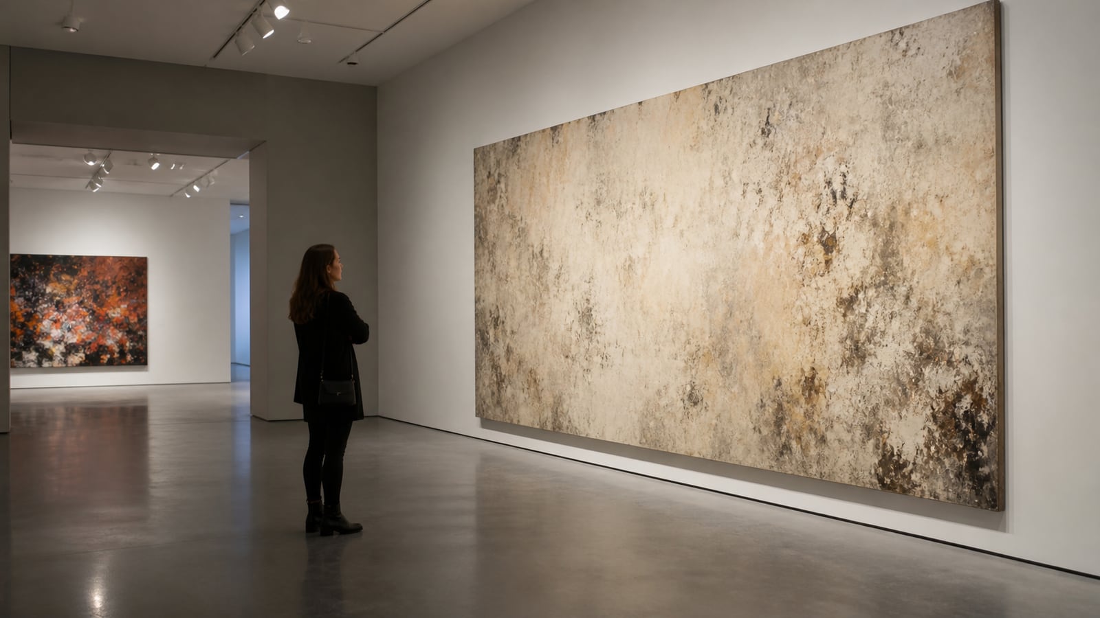 Museumsbesucher betrachtet aufmerksam ein großes abstraktes Gemälde