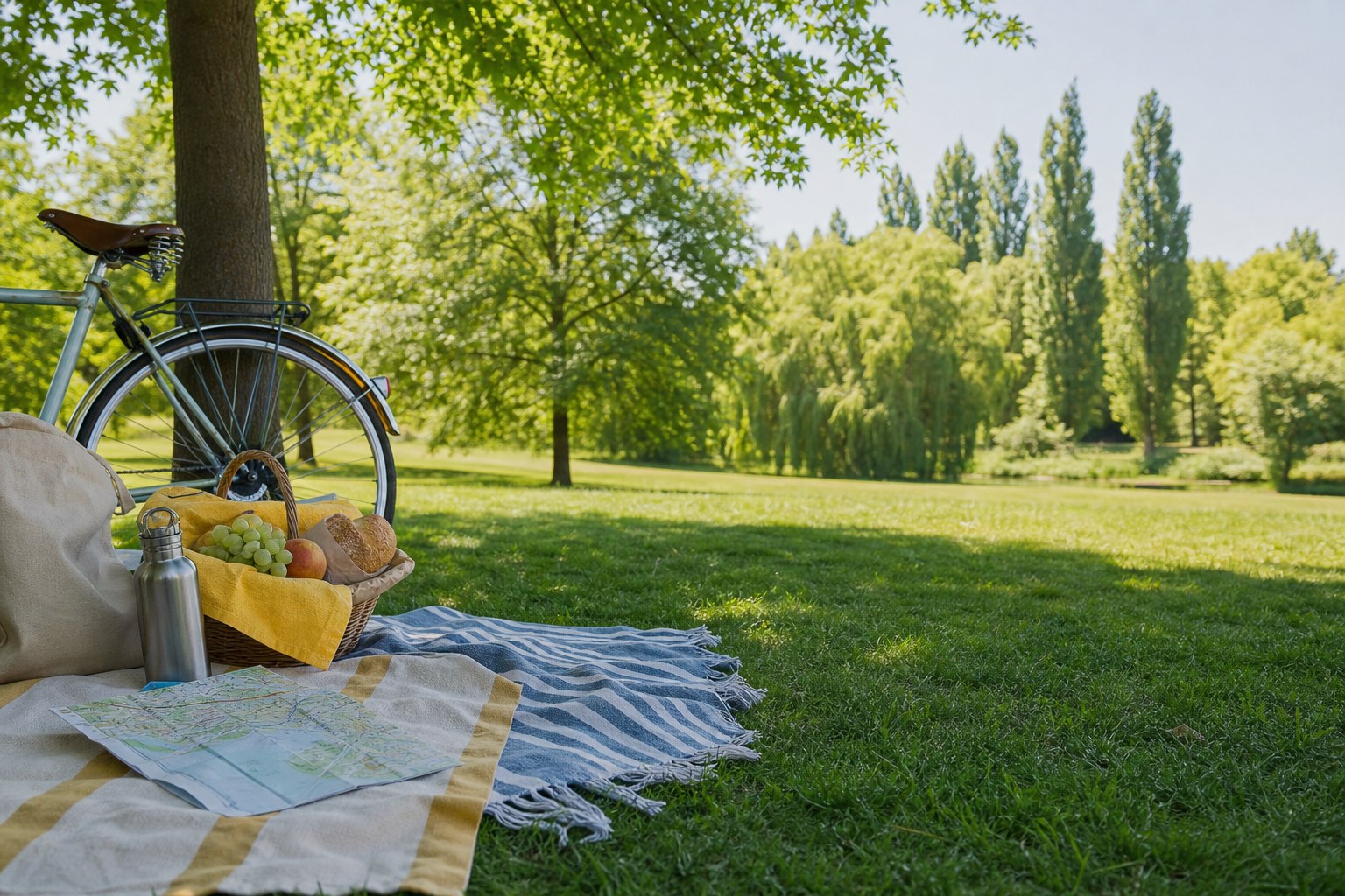 Picknickdecke mit Fahrrad, Proviant und Karte in einem grünen Park